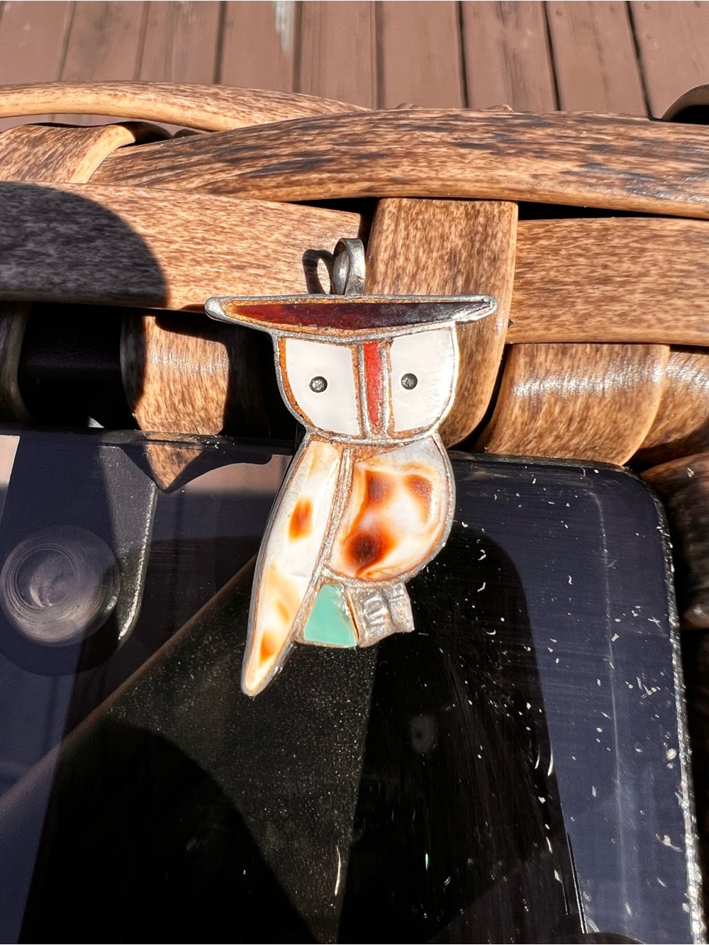 Vintage Sterling Native Owl Pendant/ pin Inlay Turquoise Navajo
